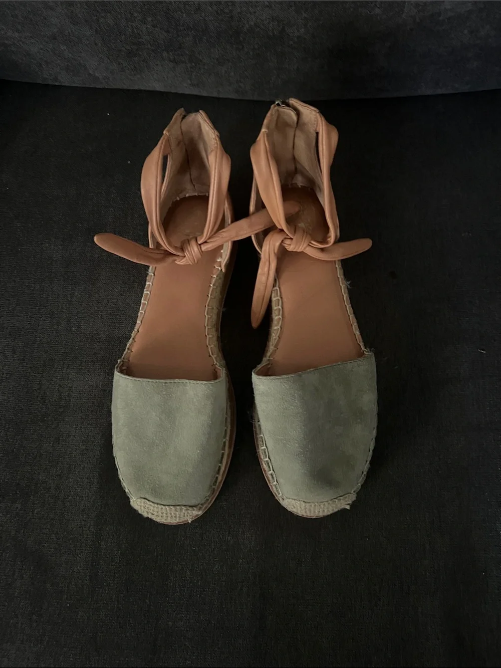 Vince Camino  Olive Suede Espadrille Sandals with Tan Ankle Wrap